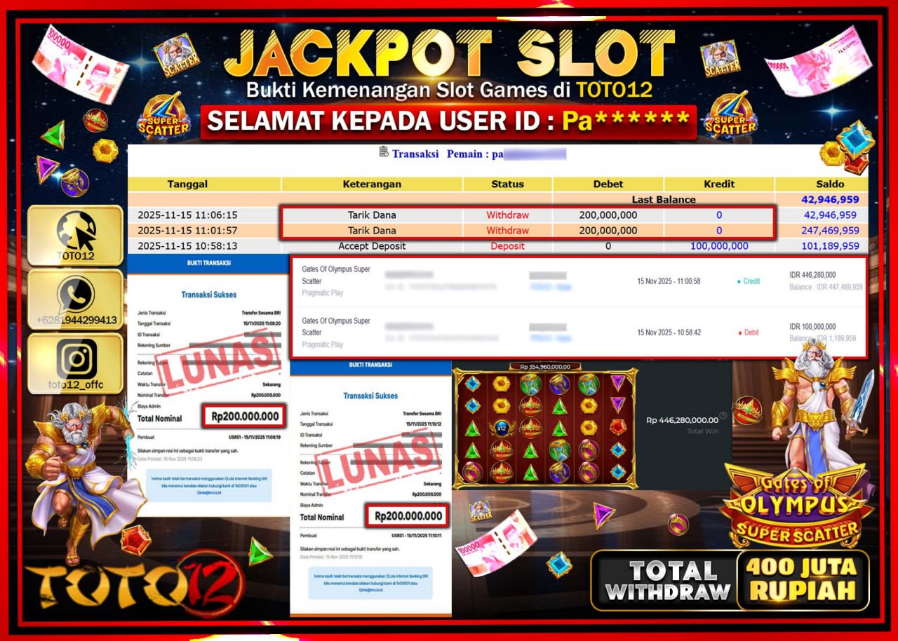 HANYA DI TOTO12 JP PASTI DI BAYAR LUNAS DAN CEPAT!!!!!! JACKPOT SLOT GAME (GATES OF OLYMPUS SUPER SCATTER) Rp.400.000.000 !!!!