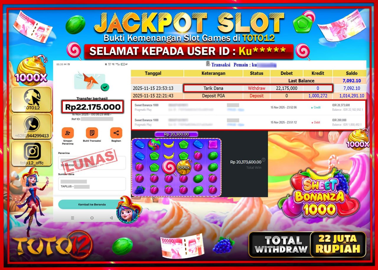 HANYA DI TOTO12 JP PASTI DI BAYAR LUNAS DAN CEPAT!!!!!! JACKPOT SLOT GAME (SWEET BONANZA 1000) Rp.22.175.000 !!!!