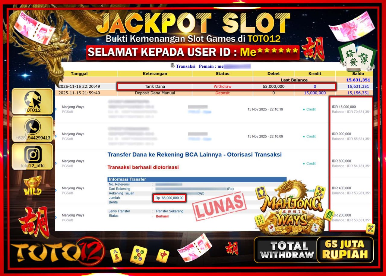 HANYA DI TOTO12 JP PASTI DI BAYAR LUNAS DAN CEPAT!!!!!! JACKPOT SLOT GAME (MAHJONG WAYS) Rp.65.000.000 !!!!