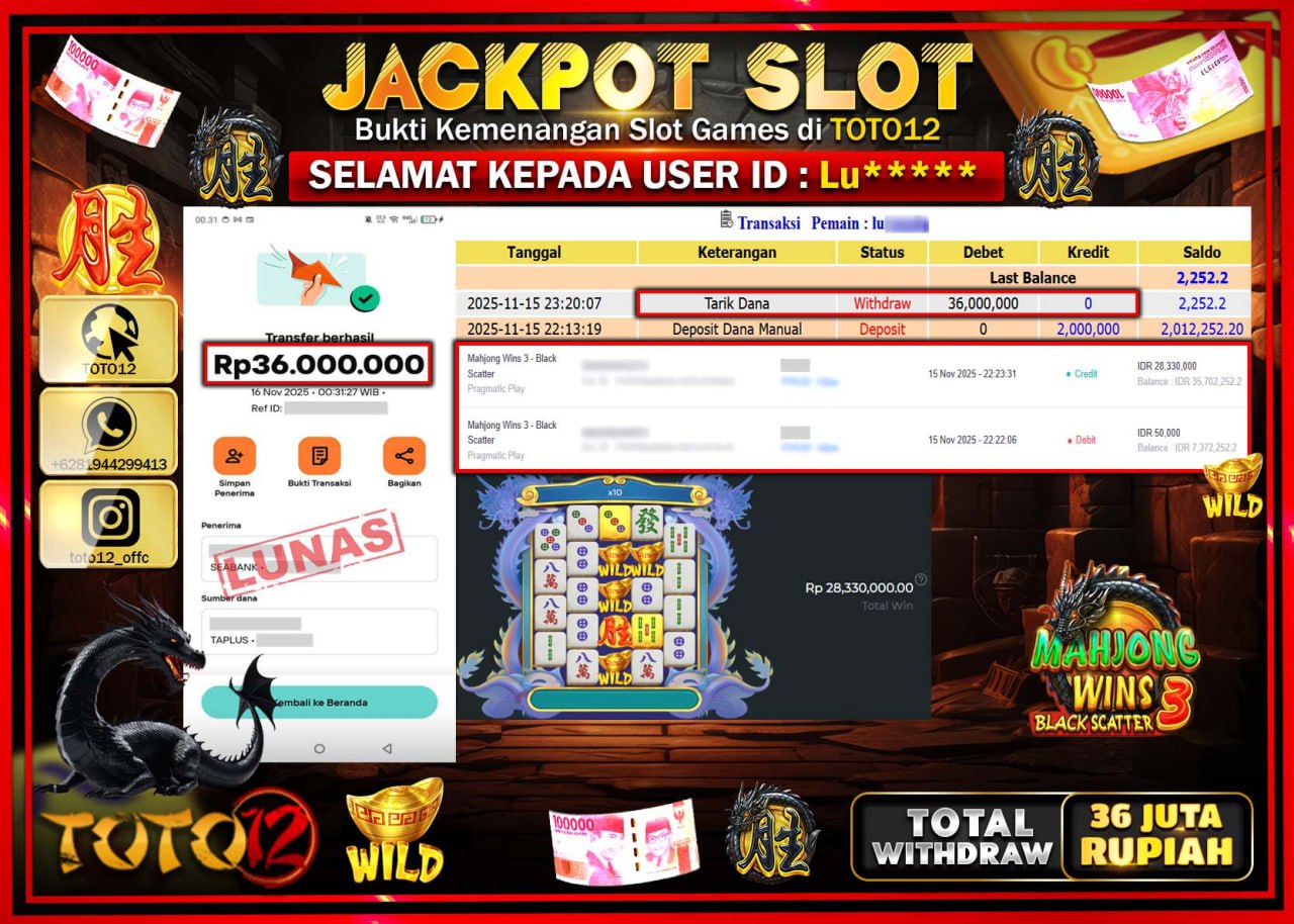 HANYA DI TOTO12 JP PASTI DI BAYAR LUNAS DAN CEPAT!!!!!! JACKPOT SLOT GAME (MAHJONG WINS 3 BLACK SCATTER) Rp.36.000.000 !!!!