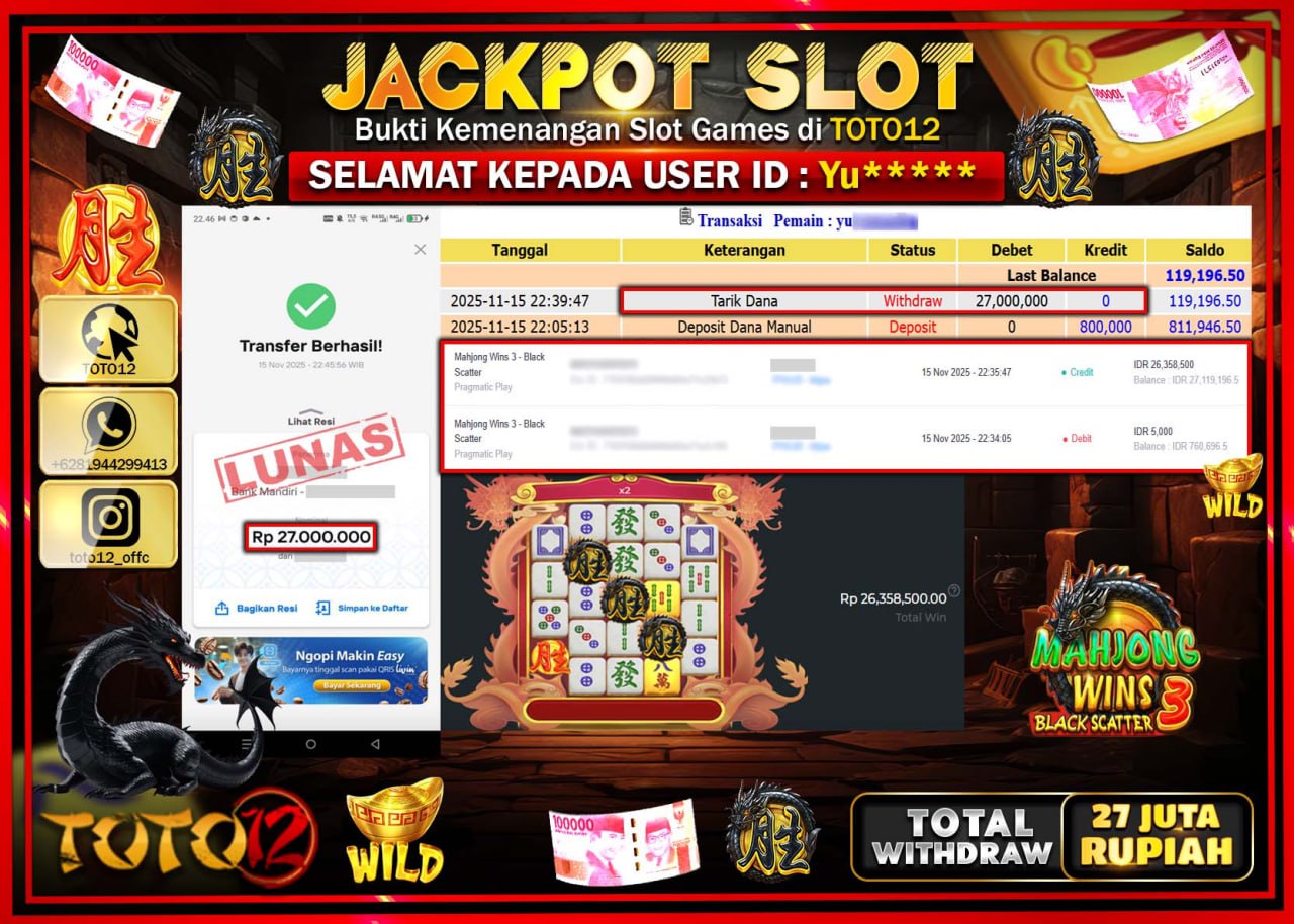 HANYA DI TOTO12 JP PASTI DI BAYAR LUNAS DAN CEPAT!!!!!! JACKPOT SLOT GAME (MAHJONG WINS 3 BLACK SCATTER) Rp.27.000.000 !!!!