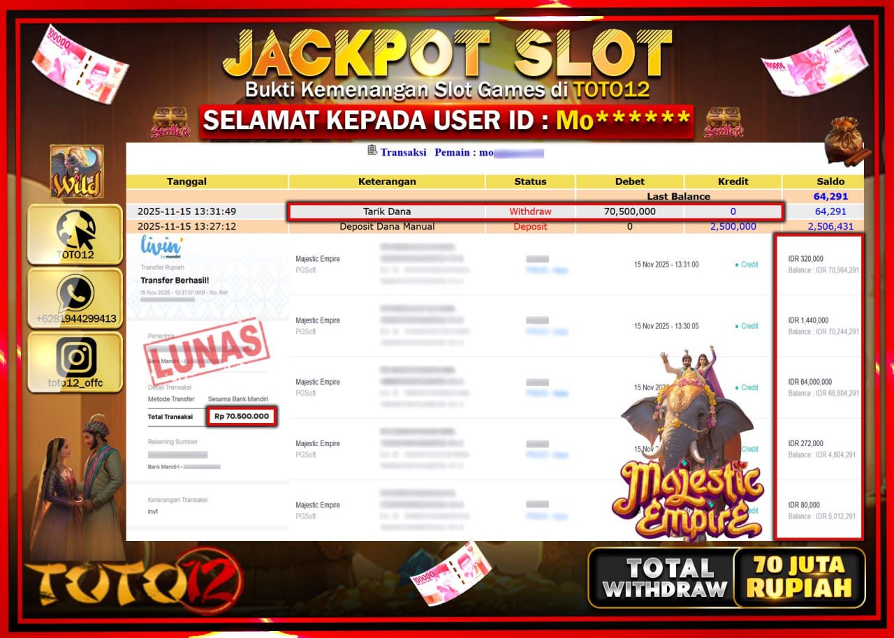 HANYA DI TOTO12 JP PASTI DI BAYAR LUNAS DAN CEPAT!!!!!! JACKPOT SLOT GAME (MAJESTIC EMPIRE) Rp.70.500.000 !!!!