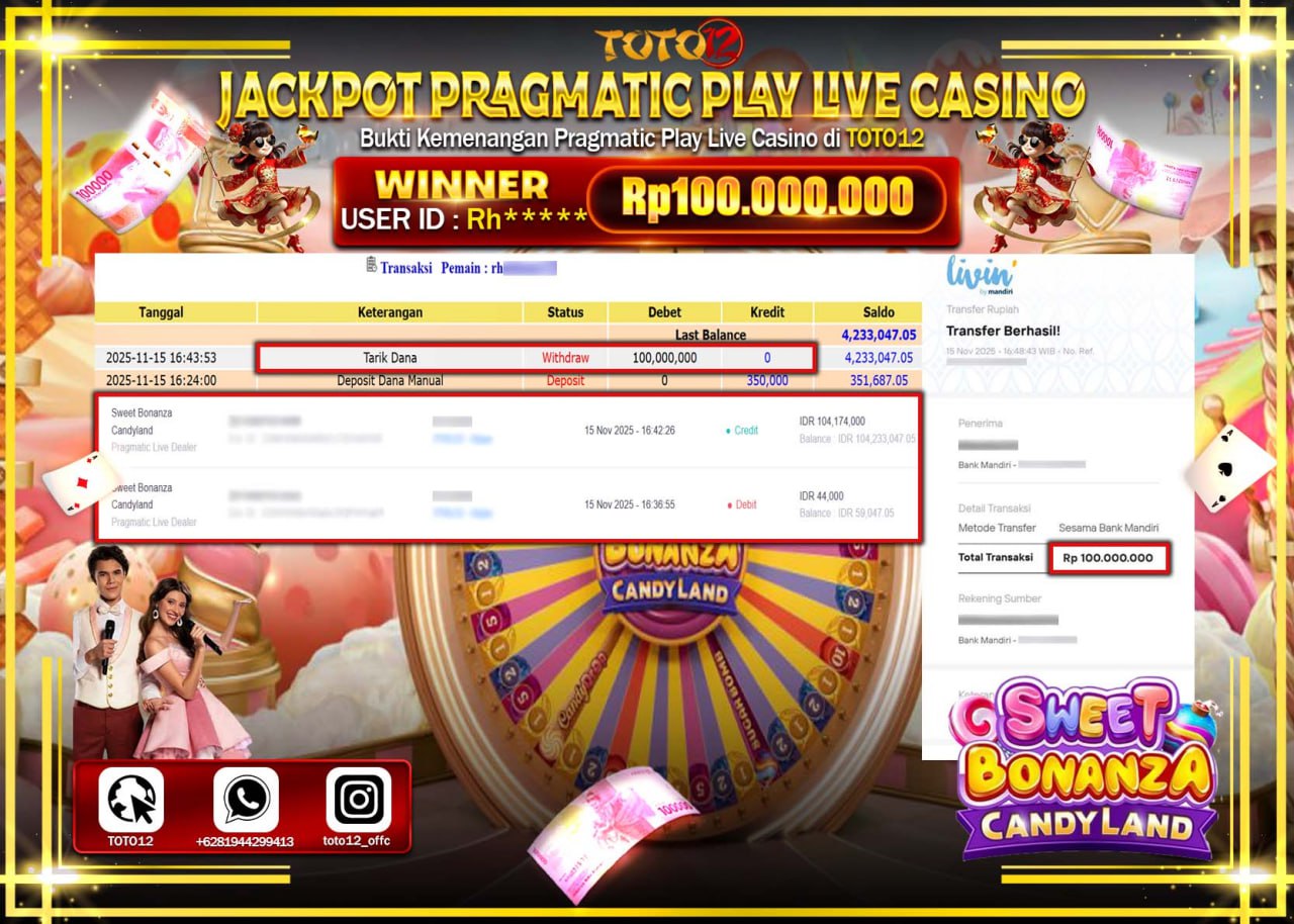HANYA DI TOTO12 JP PASTI DI BAYAR LUNAS DAN CEPAT!!!!!! JACKPOT PRAGMATIC PLAY LIVE CASINO (SWEET BONANZA CANDYLAND) Rp.100.000.000 !!!!