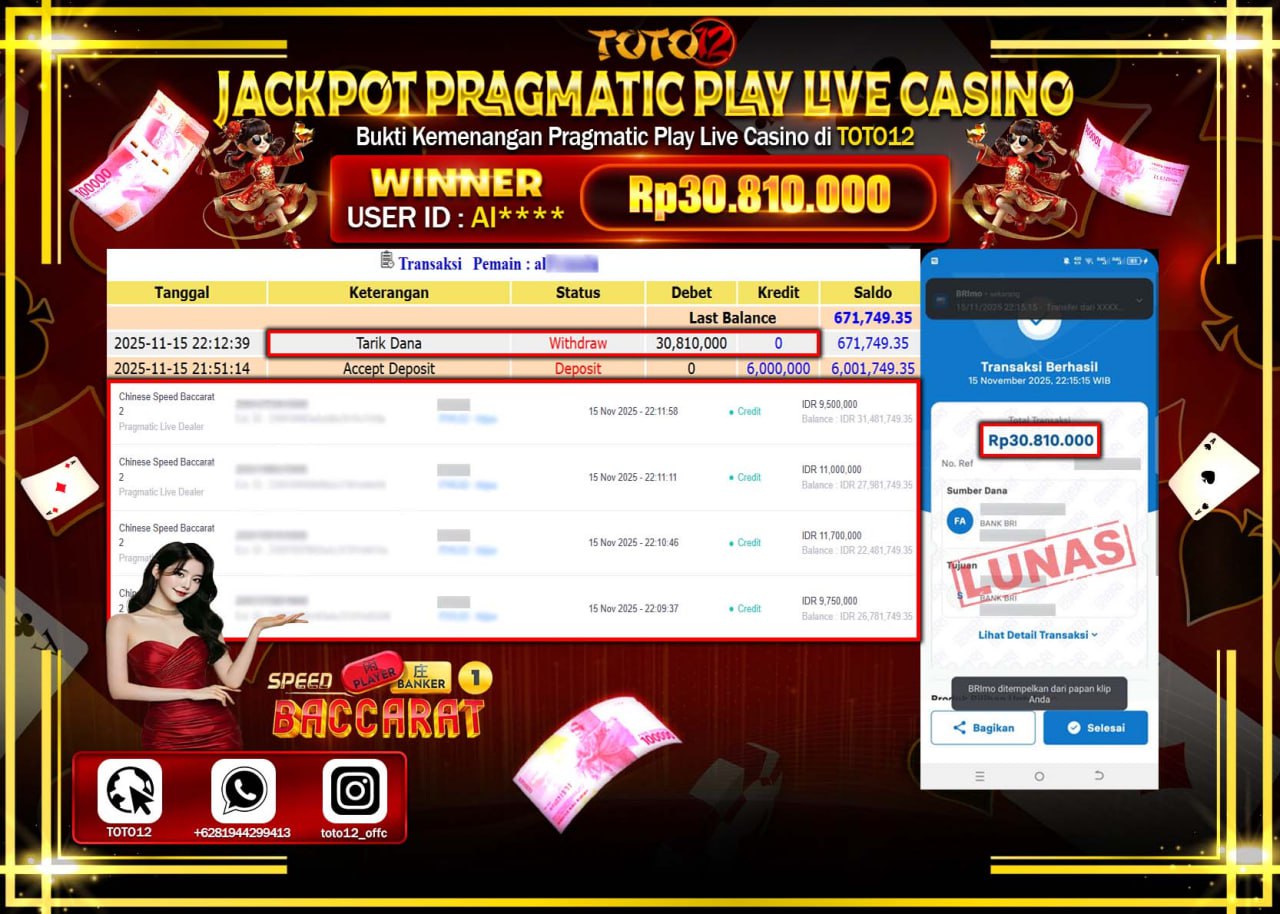 HANYA DI TOTO12 JP PASTI DI BAYAR LUNAS DAN CEPAT!!!!!! JACKPOT PRAGMATIC PLAY LIVE CASINO (SPEED BACCARAT 2) Rp.30.810.000 !!!!