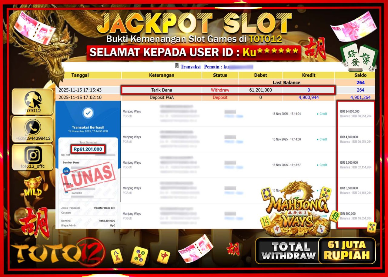 HANYA DI TOTO12 JP PASTI DI BAYAR LUNAS DAN CEPAT!!!!!! JACKPOT SLOT GAME (MAHJONG WAYS) Rp.61.201.000 !!!!