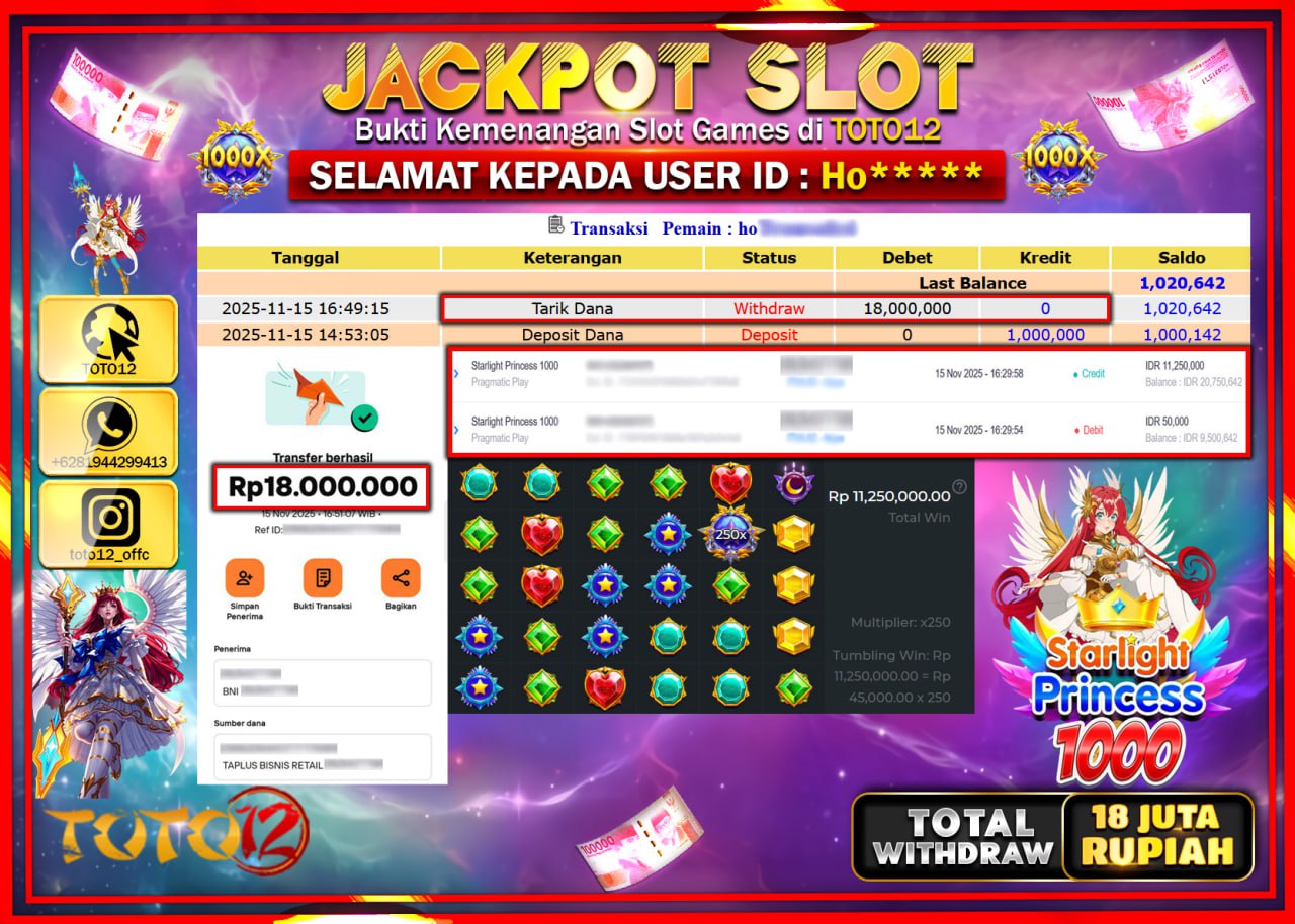 HANYA DI TOTO12 JP PASTI DI BAYAR LUNAS DAN CEPAT!!!!!! JACKPOT SLOT GAME (STARLIGHT PRINCESS 1000) Rp.18.000.000 !!!!