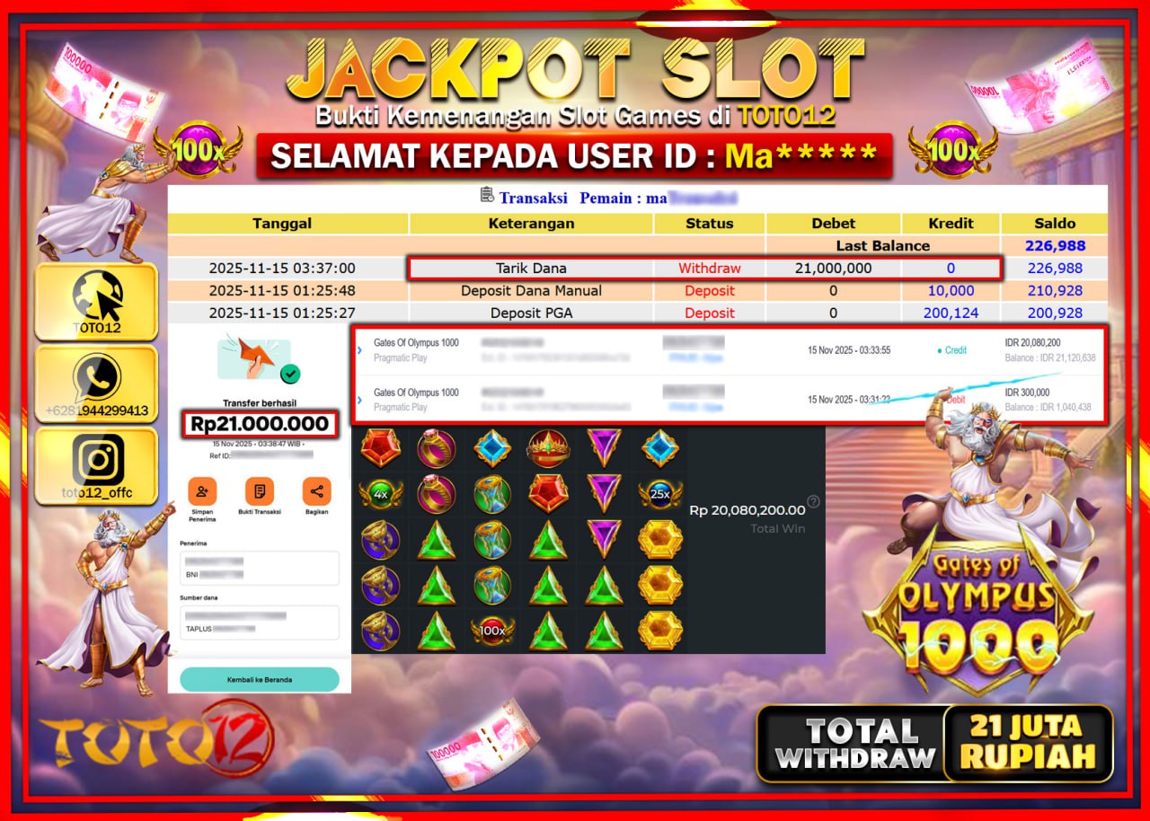 HANYA DI TOTO12 JP PASTI DI BAYAR LUNAS DAN CEPAT!!!!!! JACKPOT SLOT GAME (GATES OF OLYMPUS 1000) Rp.21.000.000 !!!!