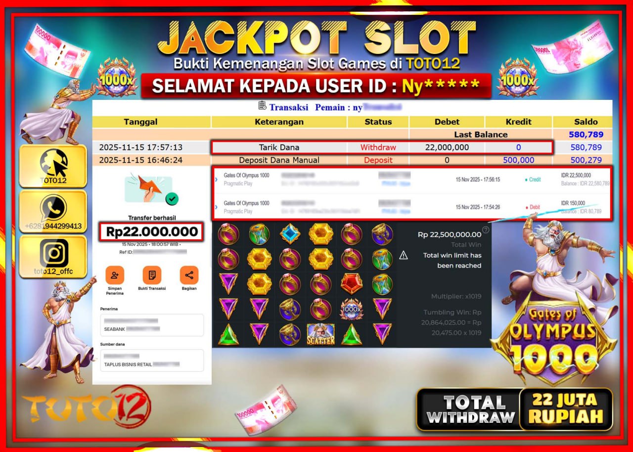 HANYA DI TOTO12 JP PASTI DI BAYAR LUNAS DAN CEPAT!!!!!! JACKPOT SLOT GAME (GATES OF OLYMPUS 1000) Rp.22.000.000 !!!!