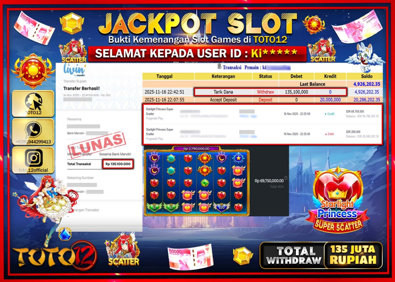 HANYA DI TOTO12 JP PASTI DI BAYAR LUNAS DAN CEPAT!!!!!! JACKPOT SLOT GAME (STARLIGHT PRINCESS SUPER SCATTER) Rp.135.100.000 !!!!