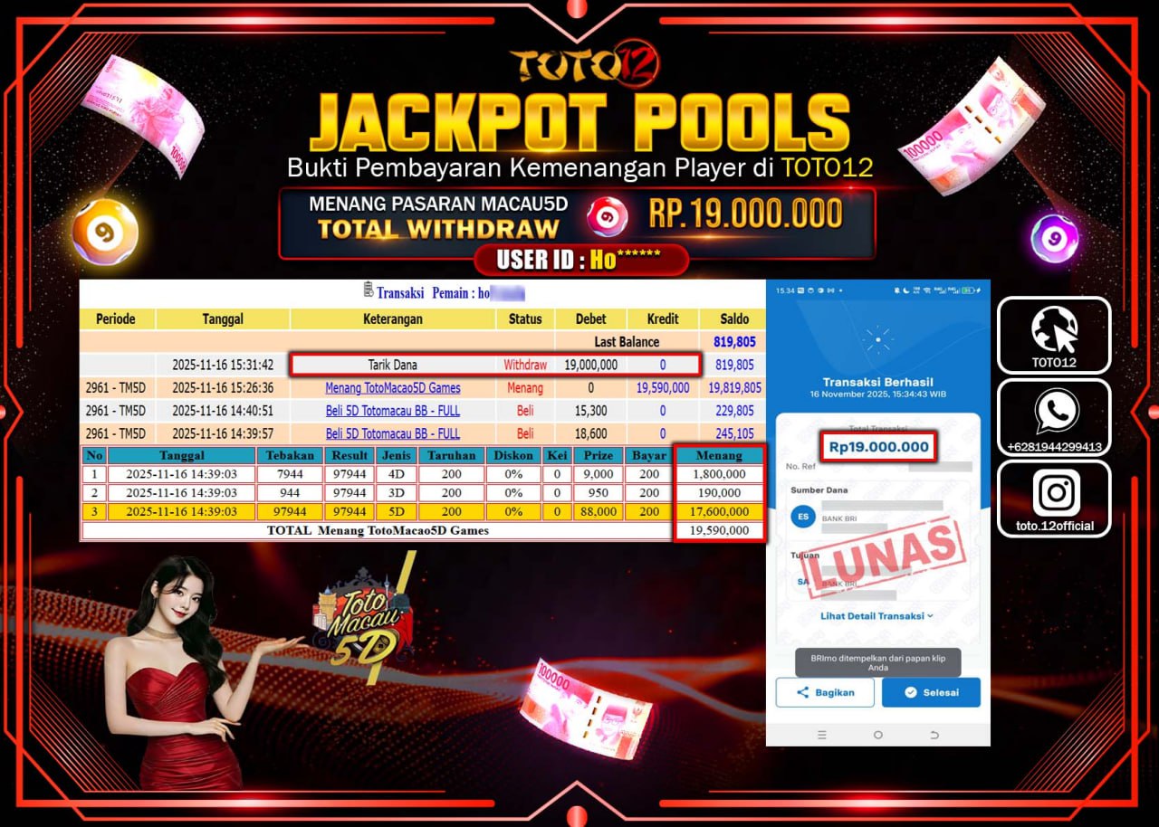 HANYA DI TOTO12 JP PASTI DI BAYAR LUNAS DAN CEPAT!!!!!! JACKPOT POOLS PASARAN (MACAU 5D) Rp.19.000.000 !!!!