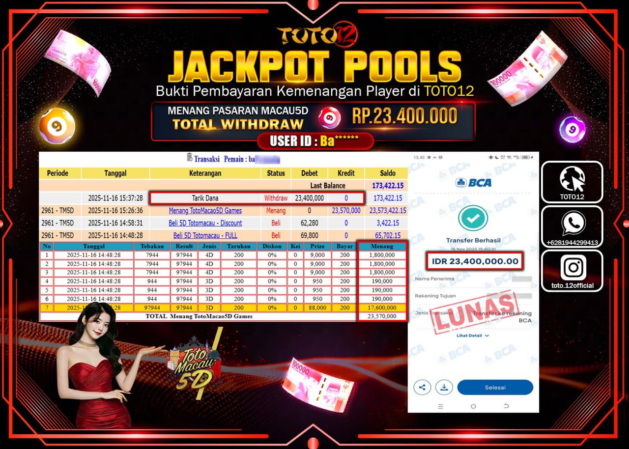 HANYA DI TOTO12 JP PASTI DI BAYAR LUNAS DAN CEPAT!!!!!! JACKPOT POOLS PASARAN (MACAU 5D) Rp.23.400.000 !!!!