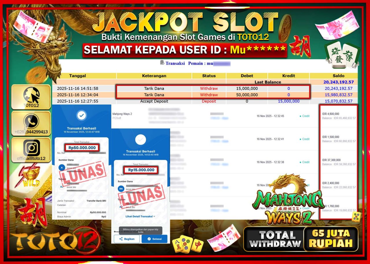 HANYA DI TOTO12 JP PASTI DI BAYAR LUNAS DAN CEPAT!!!!!! JACKPOT SLOT GAME (MAHJONG WAYS 2) Rp.65.000.000 !!!!