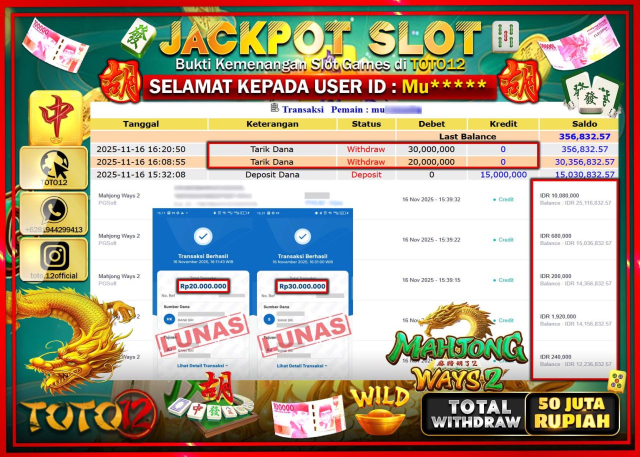 HANYA DI TOTO12 JP PASTI DI BAYAR LUNAS DAN CEPAT!!!!!! JACKPOT SLOT GAME (MAHJONG WAYS 2) Rp.50.000.000 !!!!