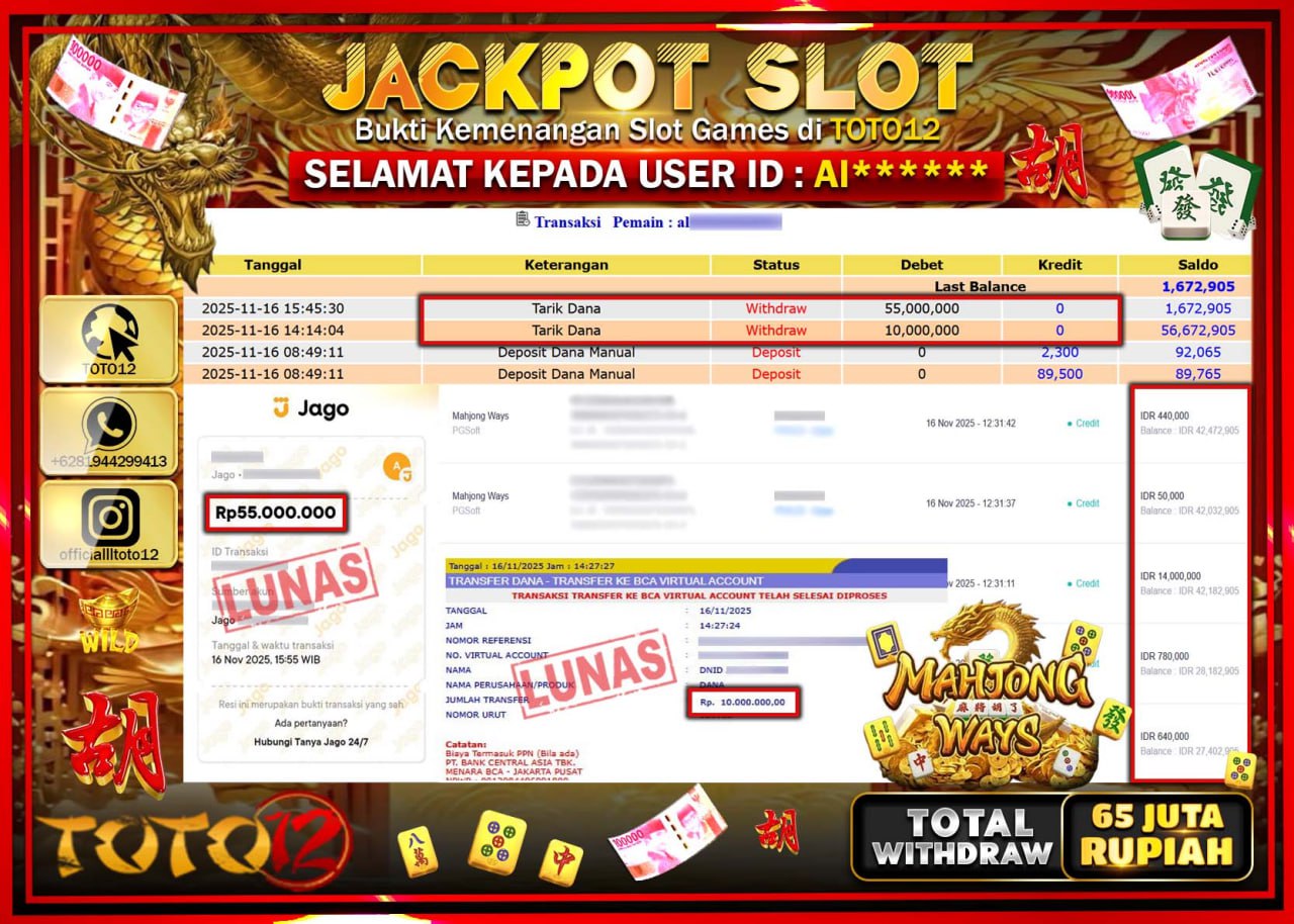 HANYA DI TOTO12 JP PASTI DI BAYAR LUNAS DAN CEPAT!!!!!! JACKPOT SLOT GAME (MAHJONG WAYS) Rp.65.000.000 !!!!