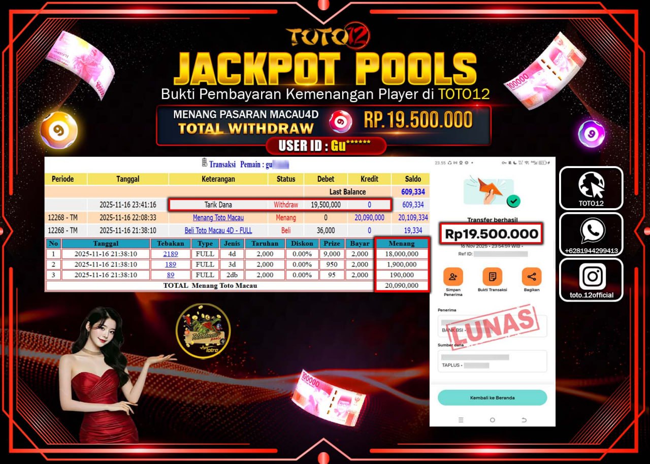 HANYA DI TOTO12 JP PASTI DI BAYAR LUNAS DAN CEPAT!!!!!! JACKPOT POOLS PASARAN (MACAU 4D) Rp.19.500.000 !!!!