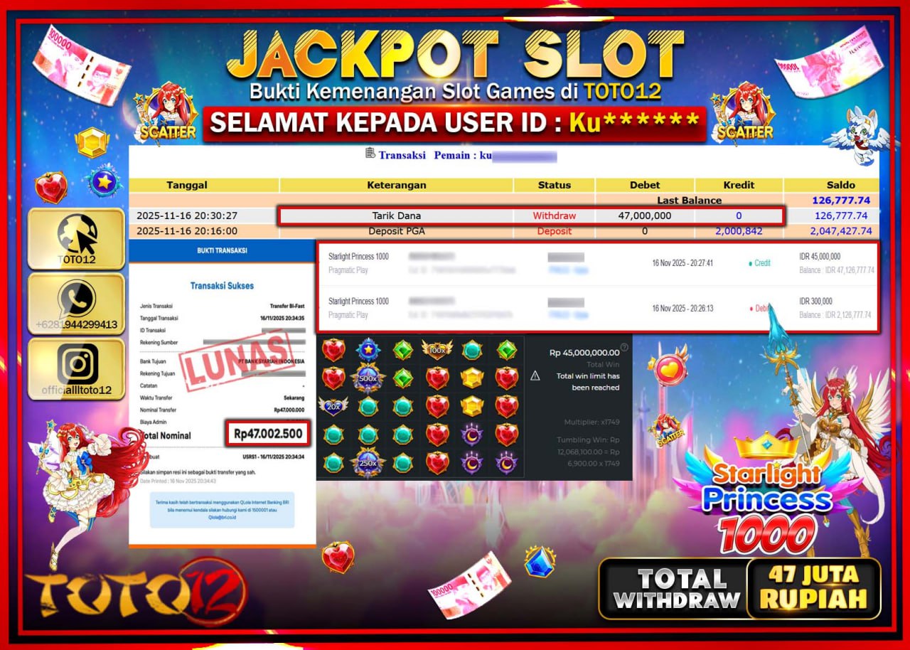 HANYA DI TOTO12 JP PASTI DI BAYAR LUNAS DAN CEPAT!!!!!! JACKPOT SLOT GAME (STARLIGHT PRINCESS 1000) Rp.47.000.000 !!!!