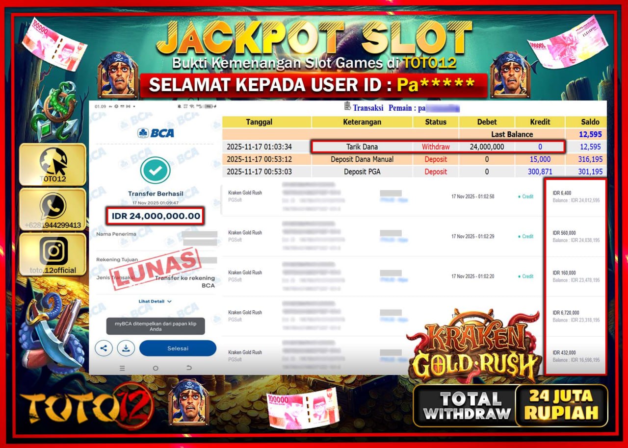 HANYA DI TOTO12 JP PASTI DI BAYAR LUNAS DAN CEPAT!!!!!! JACKPOT SLOT GAME (KRAKEN GOLD RUSH) Rp.24.000.000 !!!!
