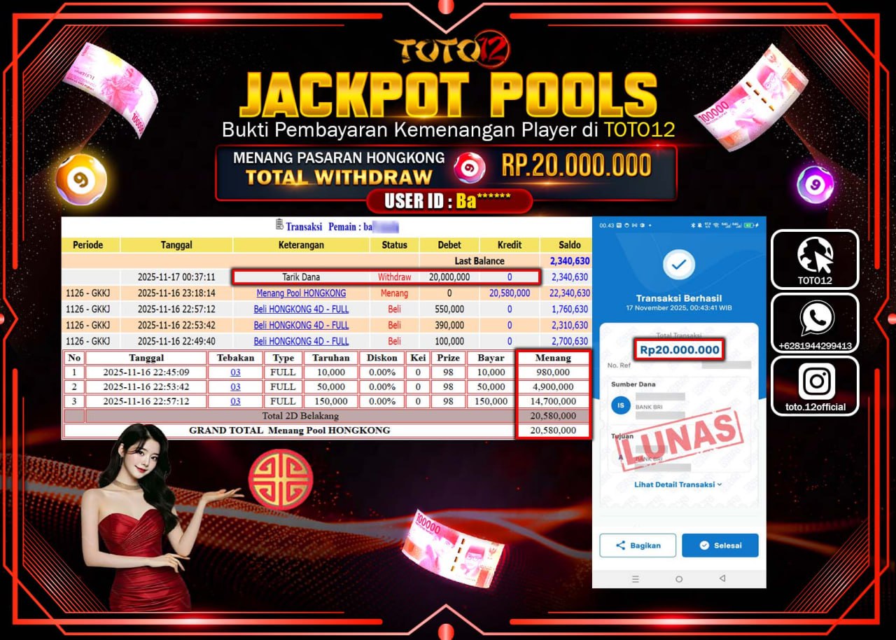 HANYA DI TOTO12 JP PASTI DI BAYAR LUNAS DAN CEPAT!!!!!! JACKPOT POOLS PASARAN (HONGKONG) Rp.20.000.000 !!!!