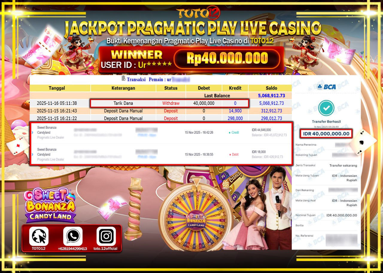 HANYA DI TOTO12 JP PASTI DI BAYAR LUNAS DAN CEPAT!!!!!! JACKPOT PRAGMATIC PLAY LIVE CASINO (SWEET BONANZA CANDYLAND) Rp.40.000.000 !!!!