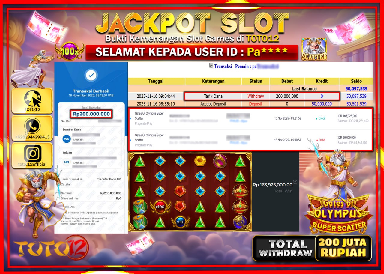 HANYA DI TOTO12 JP PASTI DI BAYAR LUNAS DAN CEPAT!!!!!! JACKPOT SLOT GAME (GATES OF OLYMPUS SUPER SCATTER) Rp.200.000.000 !!!!