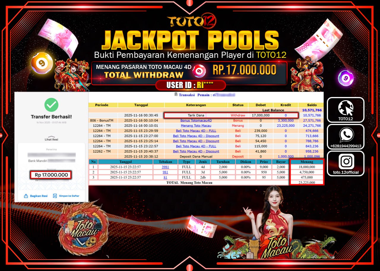 HANYA DI TOTO12 JP PASTI DI BAYAR LUNAS DAN CEPAT!!!!!! JACKPOT POOLS PASARAN (MACAU 4D) Rp.17.000.000 !!!!