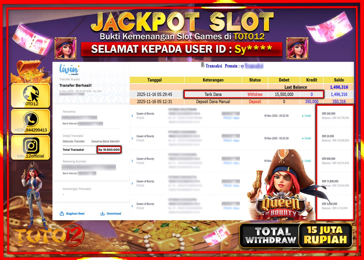 HANYA DI TOTO12 JP PASTI DI BAYAR LUNAS DAN CEPAT!!!!!! JACKPOT SLOT GAME (QUEEN OF BOUNTY) Rp.15.500.000 !!!!
