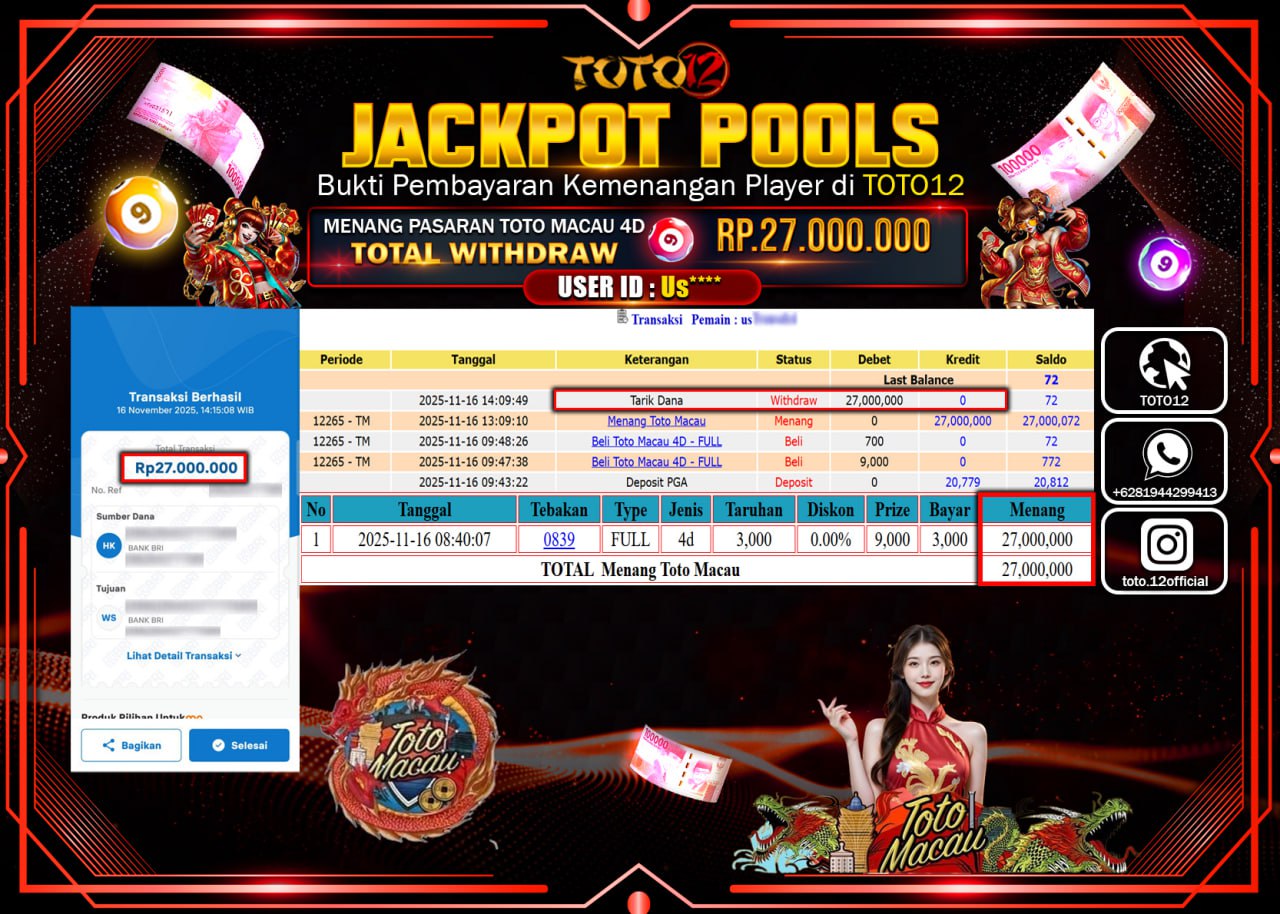 HANYA DI TOTO12 JP PASTI DI BAYAR LUNAS DAN CEPAT!!!!!! JACKPOT POOLS PASARAN (MACAU 4D) Rp.27.000.000 !!!!