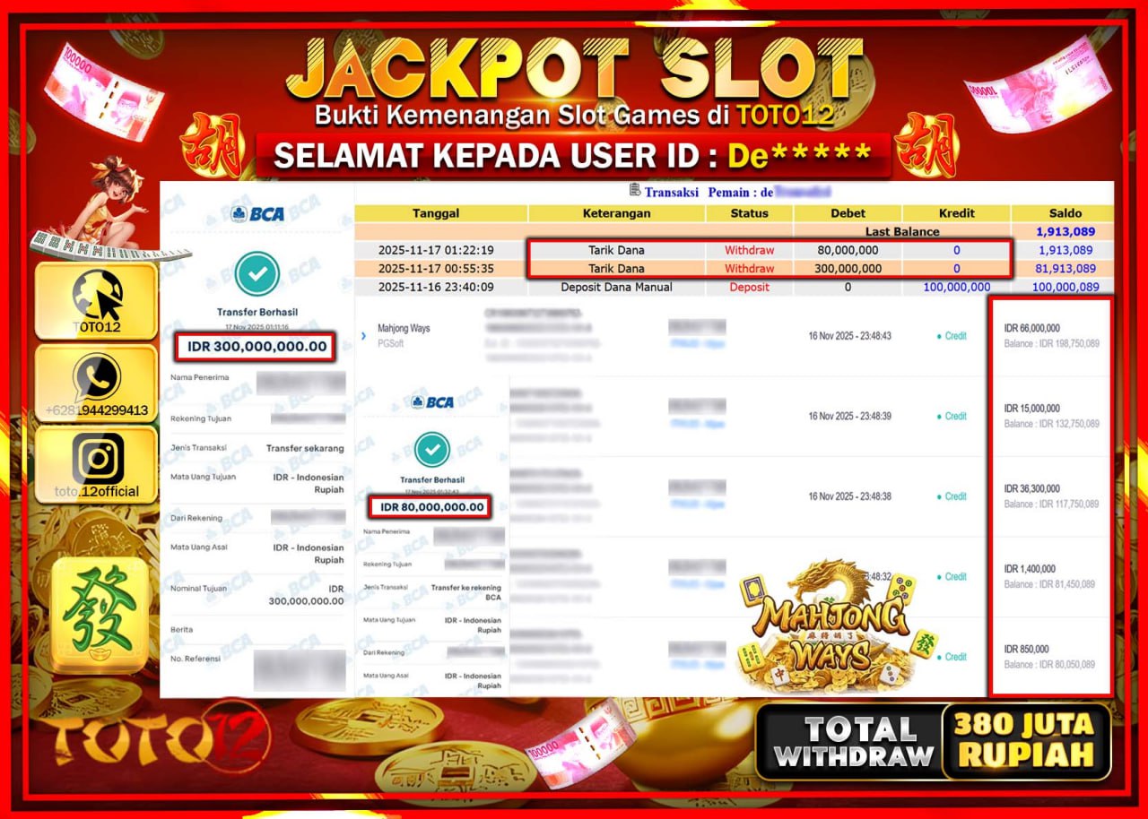 HANYA DI TOTO12 JP PASTI DI BAYAR LUNAS DAN CEPAT!!!!!! JACKPOT SLOT GAME (MAHJONG WAYS) Rp.380.000.000 !!!!