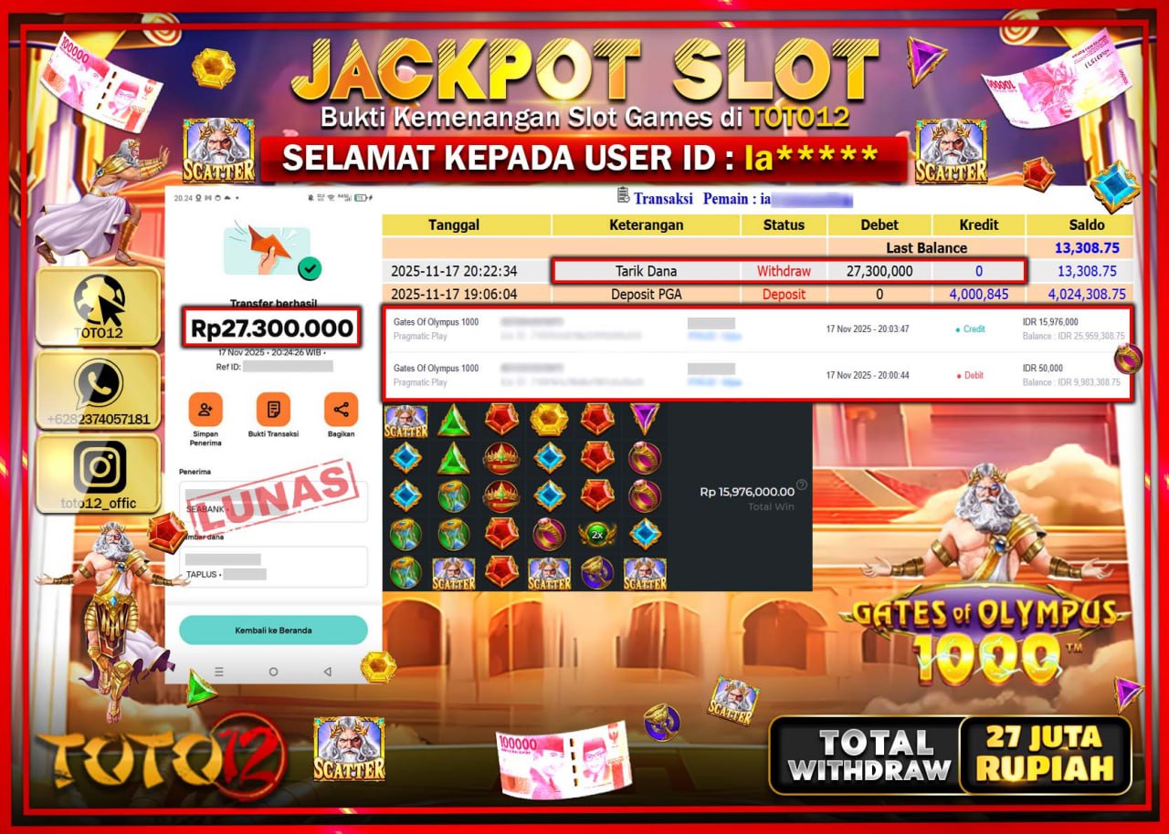 HANYA DI TOTO12 JP PASTI DI BAYAR LUNAS DAN CEPAT!!!!!! JACKPOT SLOT GAME (GATES OF OLYMPUS 1000) Rp.27.300.000 !!!!