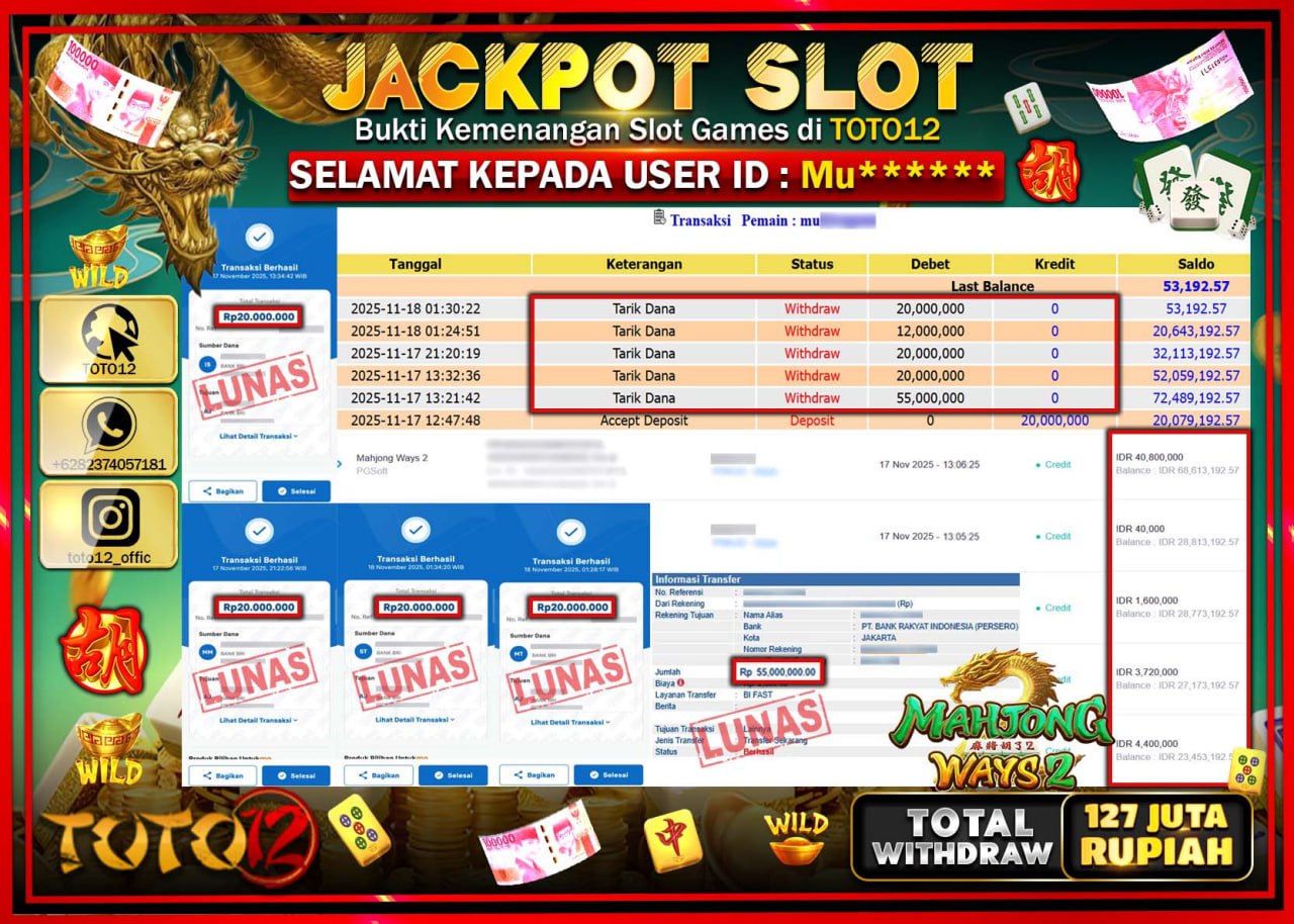 HANYA DI TOTO12 JP PASTI DI BAYAR LUNAS DAN CEPAT!!!!!! JACKPOT SLOT GAME (MAHJONG WAYS 2) Rp.127.000.000 !!!!