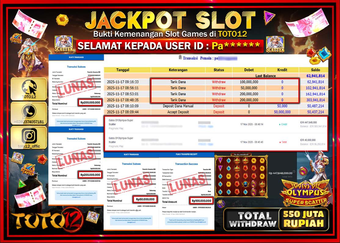 HANYA DI TOTO12 JP PASTI DI BAYAR LUNAS DAN CEPAT!!!!!! JACKPOT SLOT GAME (GATES OF OLYMPUS SUPER SCATTER) Rp.550.000.000 !!!!