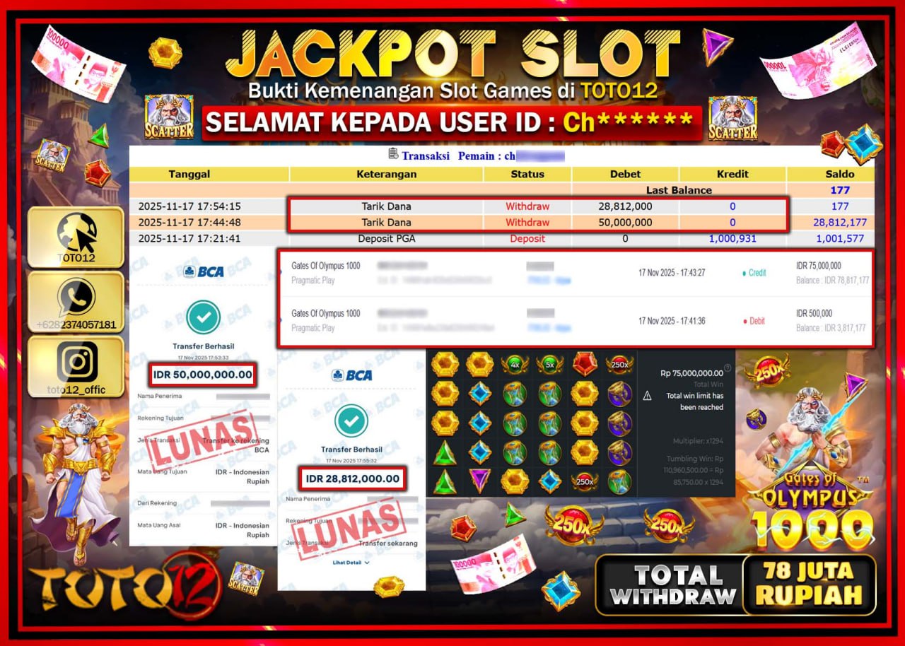 HANYA DI TOTO12 JP PASTI DI BAYAR LUNAS DAN CEPAT!!!!!! JACKPOT SLOT GAME (GATES OF OLYMPUS 1000) Rp.78.812.000 !!!!
