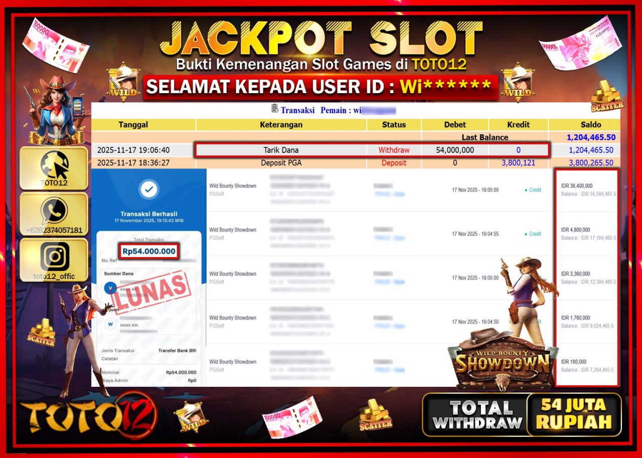 HANYA DI TOTO12 JP PASTI DI BAYAR LUNAS DAN CEPAT!!!!!! JACKPOT SLOT GAME (WILD BOUNTY SHOWDOWN) Rp.54.000.000 !!!!