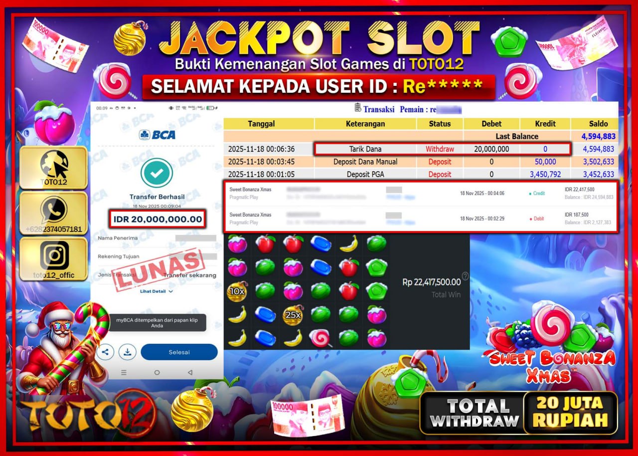 HANYA DI TOTO12 JP PASTI DI BAYAR LUNAS DAN CEPAT!!!!!! JACKPOT SLOT GAME (SWEET BONANZA XMAS) Rp.20.000.000 !!!!