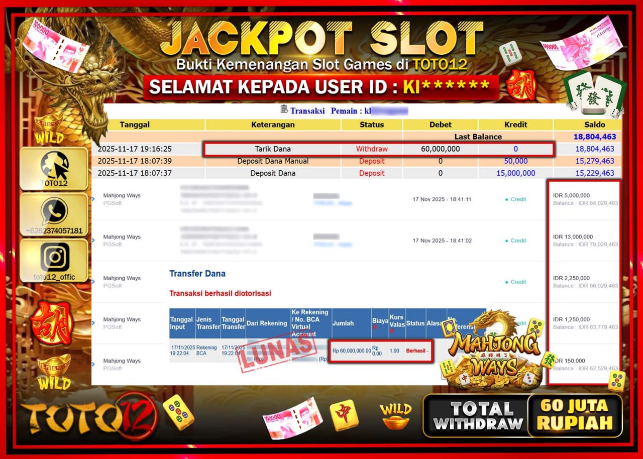 HANYA DI TOTO12 JP PASTI DI BAYAR LUNAS DAN CEPAT!!!!!! JACKPOT SLOT GAME (MAHJONG WAYS) Rp.60.000.000 !!!!