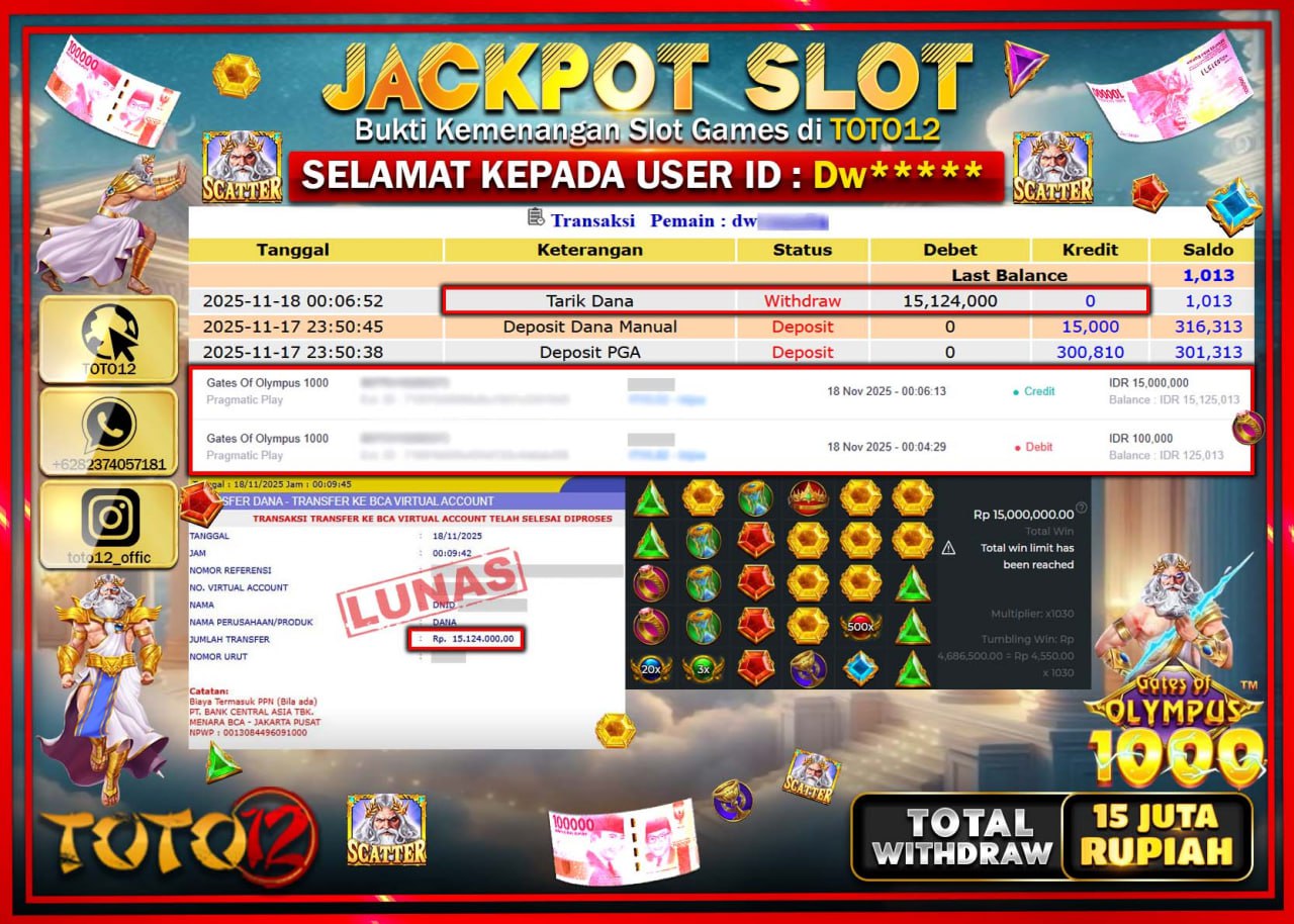 HANYA DI TOTO12 JP PASTI DI BAYAR LUNAS DAN CEPAT!!!!!! JACKPOT SLOT GAME (GATES OF OLYMPUS 1000) Rp.15.124.000 !!!!