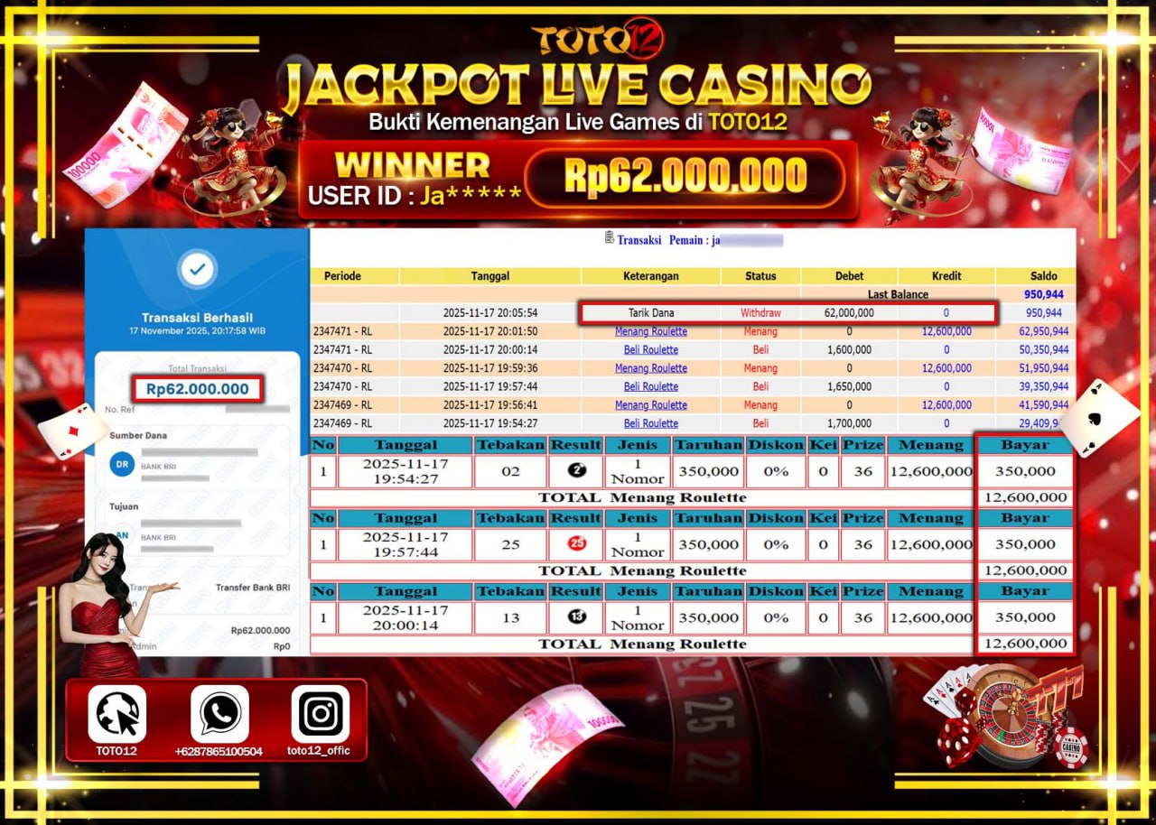 HANYA DI TOTO12 JP PASTI DI BAYAR LUNAS DAN CEPAT!!!!!! JACKPOT LIVE CASINO (ROULETTE) Rp.62.000.000 !!!!