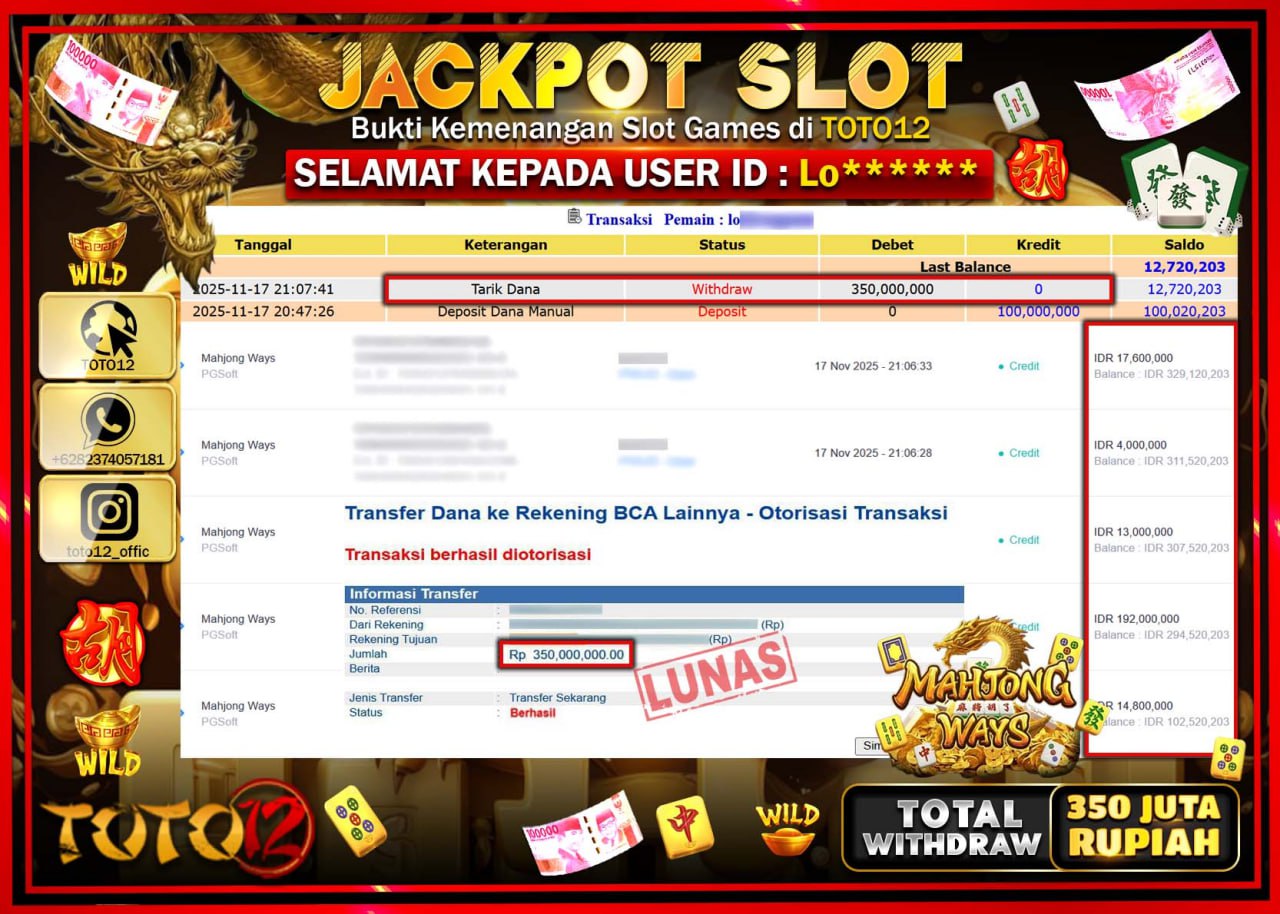 HANYA DI TOTO12 JP PASTI DI BAYAR LUNAS DAN CEPAT!!!!!! JACKPOT SLOT GAME (MAHJONG WAYS) Rp.350.000.000 !!!!