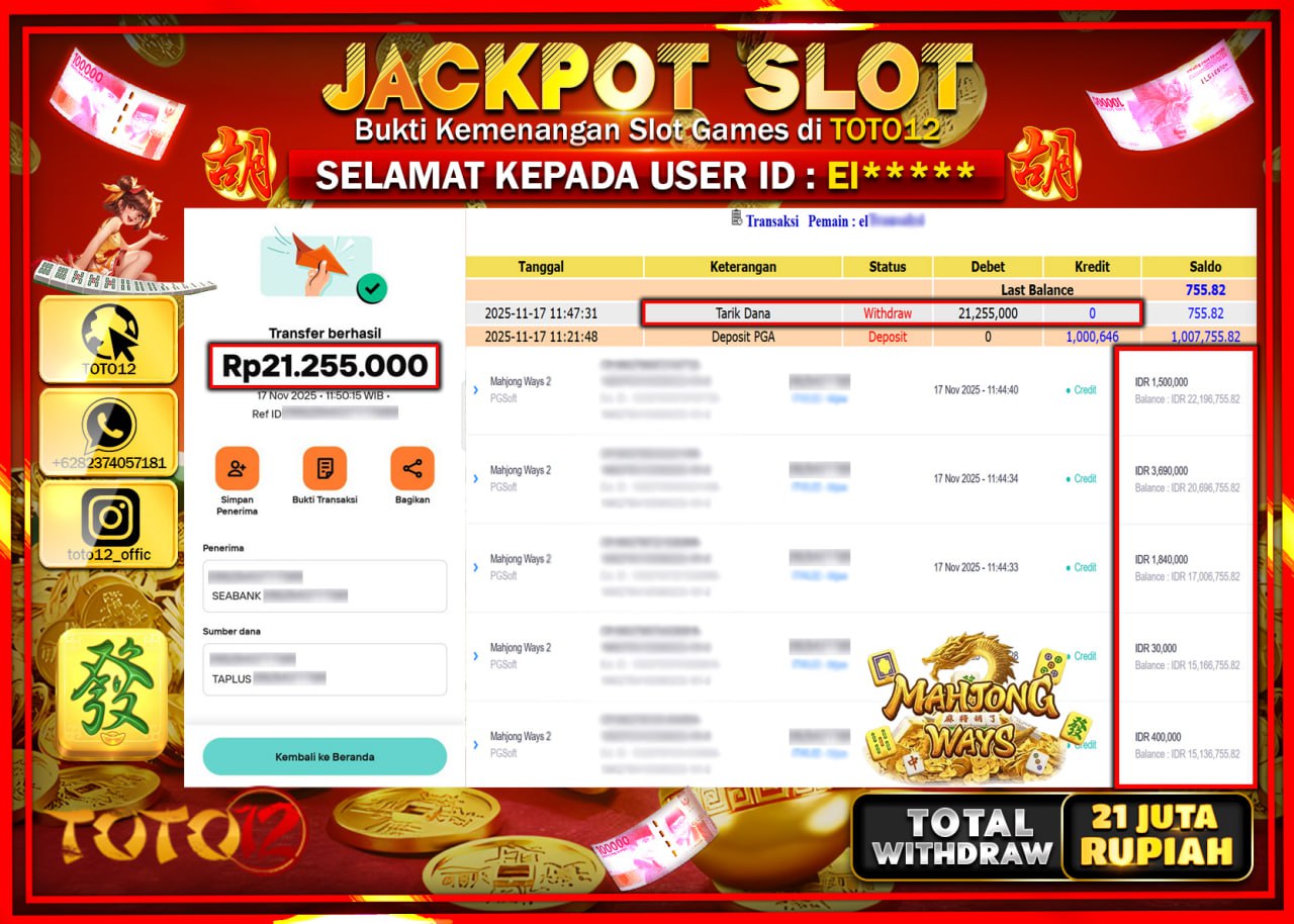 HANYA DI TOTO12 JP PASTI DI BAYAR LUNAS DAN CEPAT!!!!!! JACKPOT SLOT GAME (MAHJONG WAYS) Rp.21.255.000 !!!!