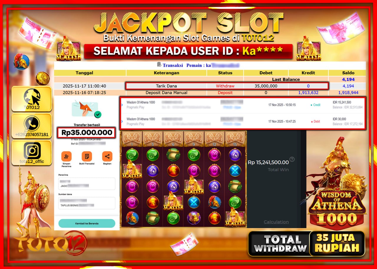 HANYA DI TOTO12 JP PASTI DI BAYAR LUNAS DAN CEPAT!!!!!! JACKPOT SLOT GAME (WISDOM OF ATHENA 1000) Rp.35.000.000 !!!!