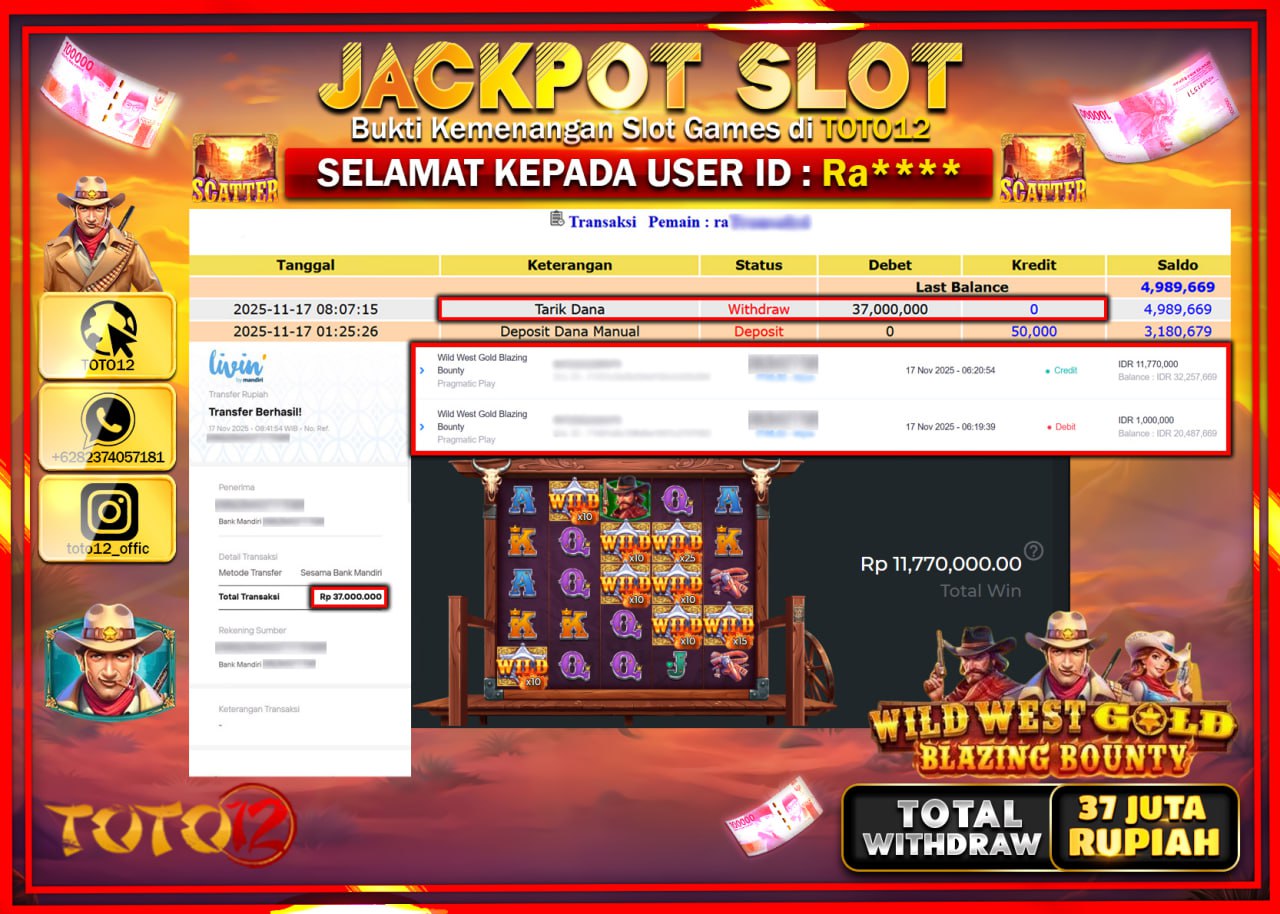 HANYA DI TOTO12 JP PASTI DI BAYAR LUNAS DAN CEPAT!!!!!! JACKPOT SLOT GAME (WILD WEST GOLD BLAZING BOUNTY) Rp.37.000.000 !!!!