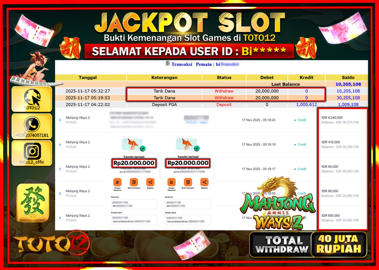 HANYA DI TOTO12 JP PASTI DI BAYAR LUNAS DAN CEPAT!!!!!! JACKPOT SLOT GAME (MAHJONG WAYS 2) Rp.40.000.000 !!!!