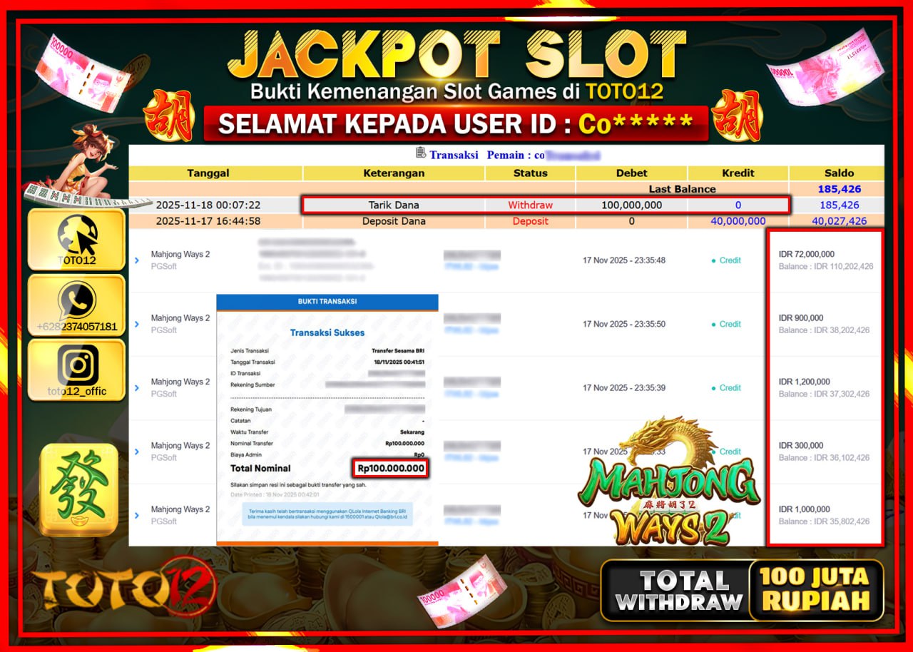 HANYA DI TOTO12 JP PASTI DI BAYAR LUNAS DAN CEPAT!!!!!! JACKPOT SLOT GAME (MAHJONG WAYS 2) Rp.100.000.000 !!!!