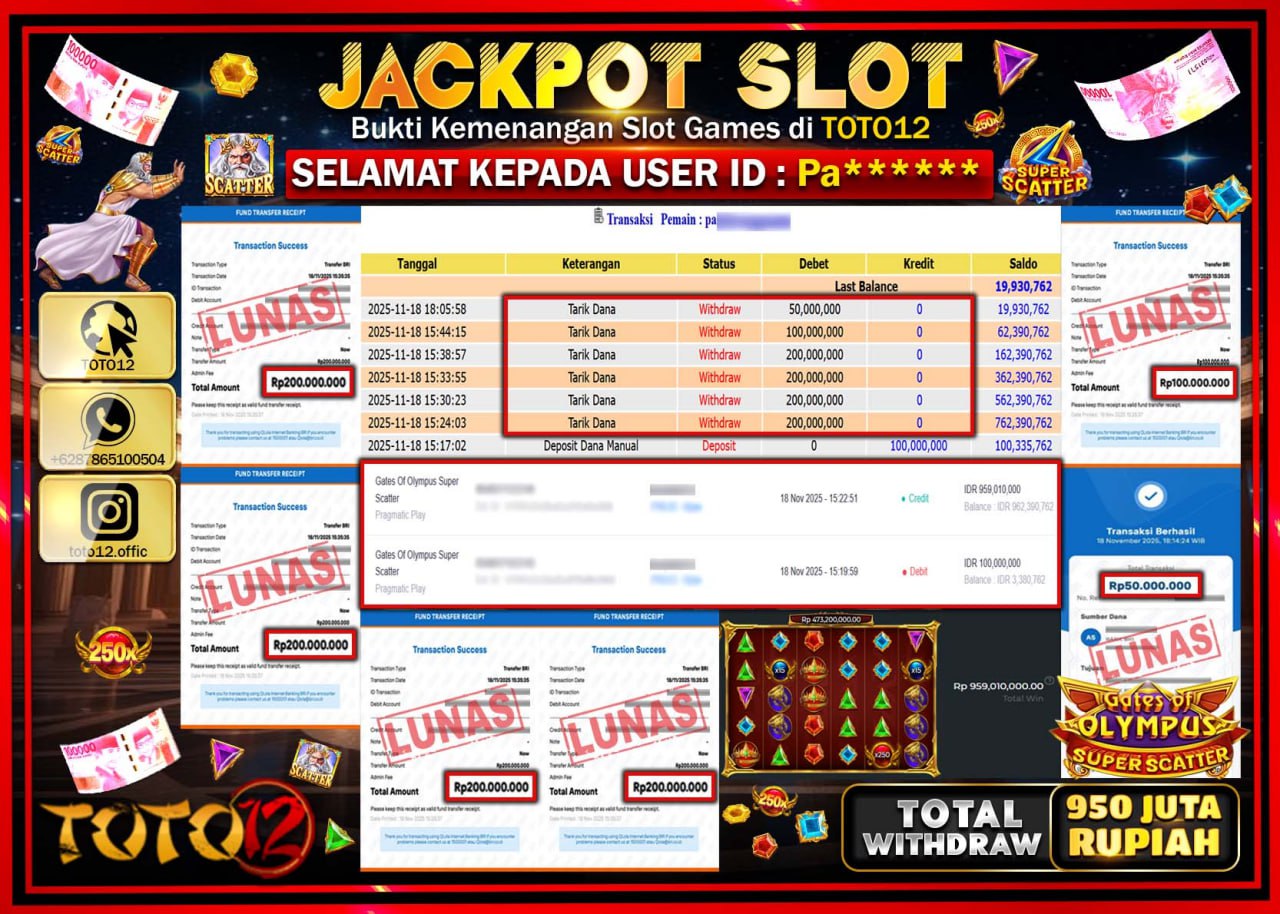 HANYA DI TOTO12 JP PASTI DI BAYAR LUNAS DAN CEPAT!!!!!! JACKPOT SLOT GAME (GATES OF OLYMPUS SUPER SCATTER) Rp.950.000.000 !!!!