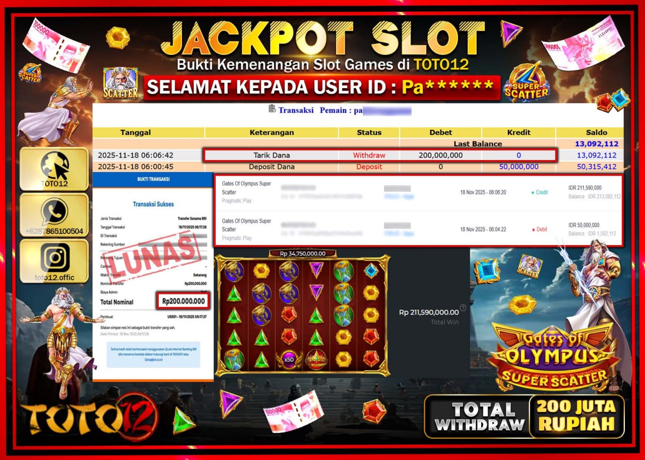 HANYA DI TOTO12 JP PASTI DI BAYAR LUNAS DAN CEPAT!!!!!! JACKPOT SLOT GAME (GATES OF OLYMPUS SUPER SCATTER) Rp.200.000.000 !!!!
