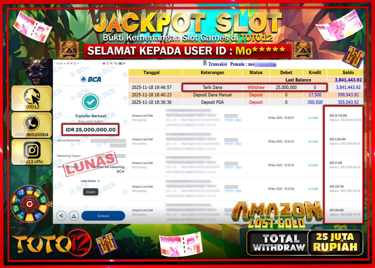 HANYA DI TOTO12 JP PASTI DI BAYAR LUNAS DAN CEPAT!!!!!! JACKPOT SLOT GAME (AMAZON LOST GOLD) Rp.25.000.000 !!!!