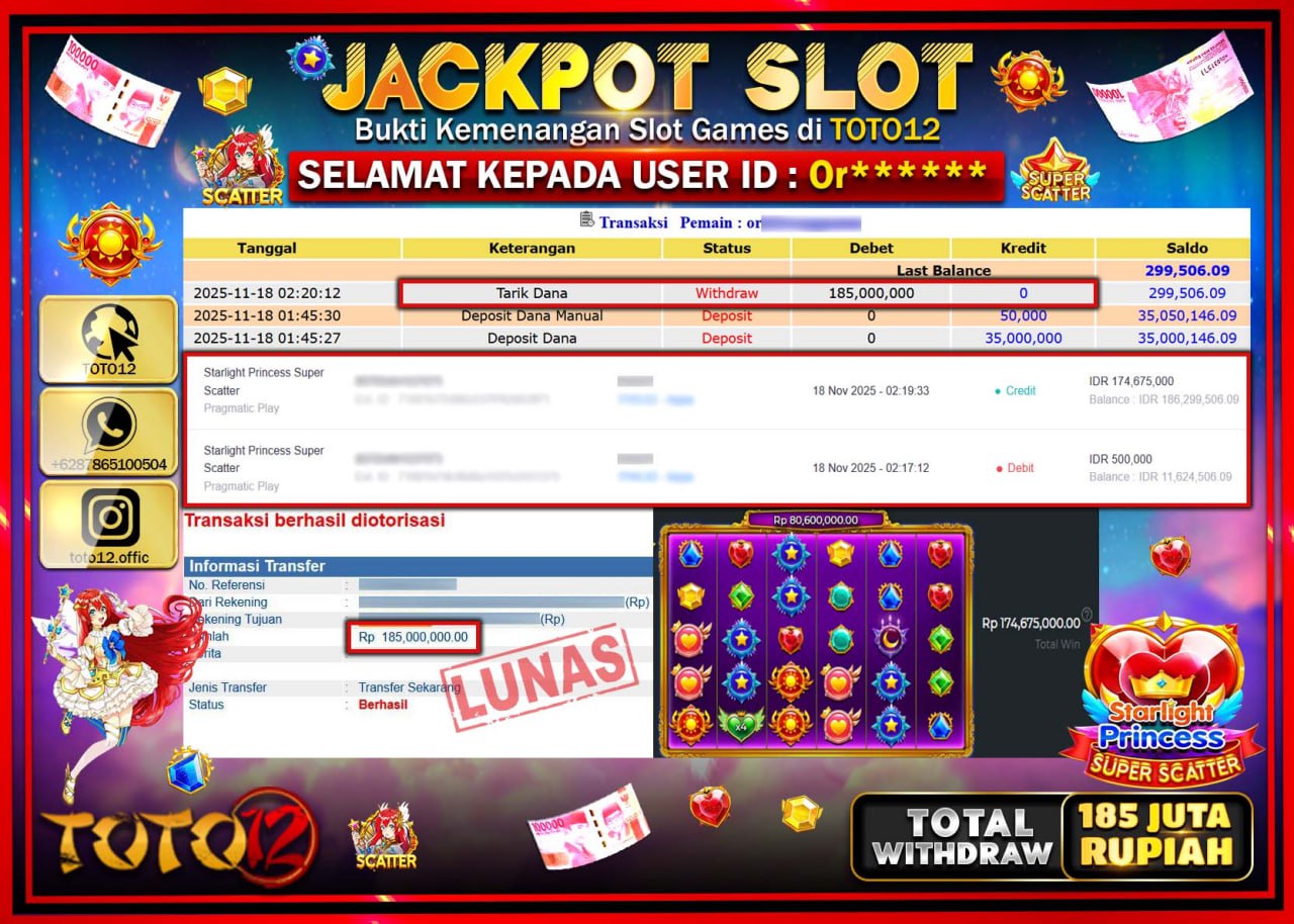 HANYA DI TOTO12 JP PASTI DI BAYAR LUNAS DAN CEPAT!!!!!! JACKPOT SLOT GAME (STARLIGHT PRINCESS SUPER SCATTER) Rp.185.000.000 !!!!