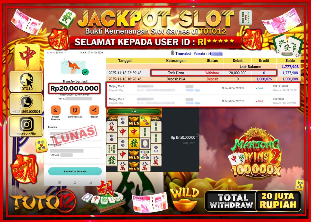 HANYA DI TOTO12 JP PASTI DI BAYAR LUNAS DAN CEPAT!!!!!! JACKPOT SLOT GAME (MAHJONG WINS 2) Rp.20.000.000 !!!!