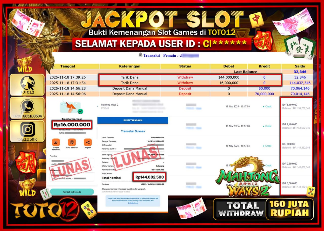 HANYA DI TOTO12 JP PASTI DI BAYAR LUNAS DAN CEPAT!!!!!! JACKPOT SLOT GAME (MAHJONG WAYS 2) Rp.160.000.000 !!!!