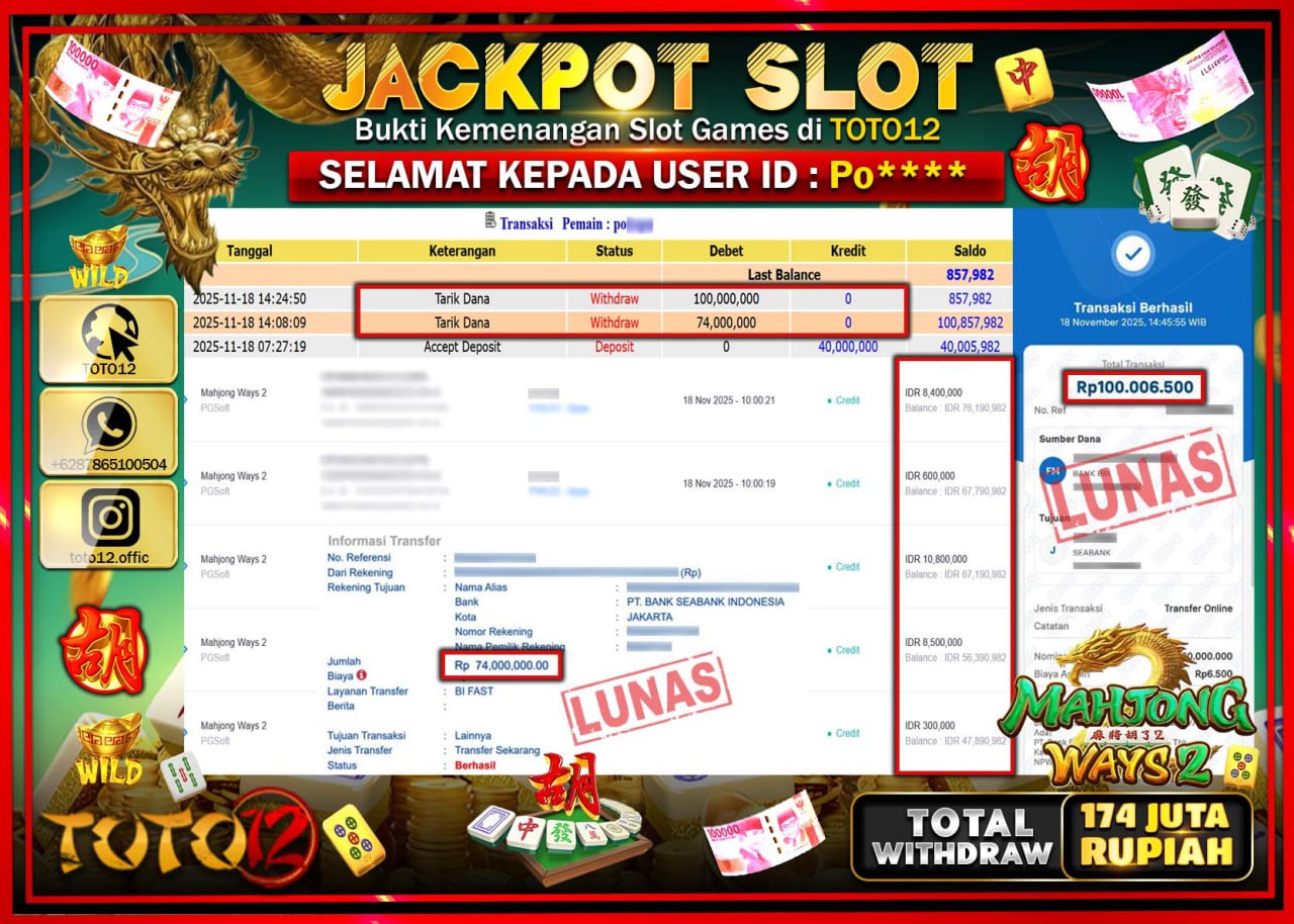HANYA DI TOTO12 JP PASTI DI BAYAR LUNAS DAN CEPAT!!!!!! JACKPOT SLOT GAME (MAHJONG WAYS 2) Rp.174.000.000 !!!!